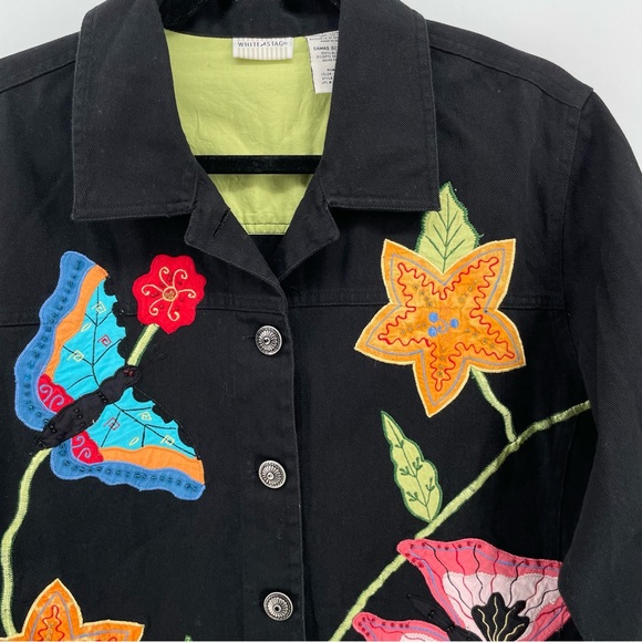 Vintage White Stag Womens Denim Jacket Black Floral Butterflies Beaded L - Picture 3 of 6